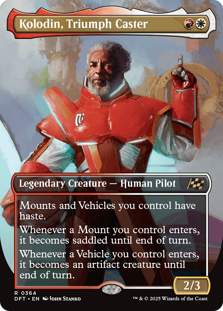 A Magic: The Gathering card features Kolodin, Triumph Caster, a legendary human pilot and creature in red and white armor, holding an orb. It emphasizes mount and vehicle abilities with 2/3 power/toughness. Art by John Stanko.