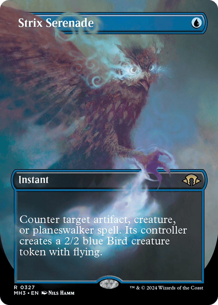 Strix Serenade (Borderless) [Modern Horizons 3]" is a Rare card from Modern Horizons 3 in Magic: The Gathering. This ethereal, blue Instant features a bird with glowing eyes and swirling magical energy. It allows you to counter an artifact, creature, or planeswalker spell and creates a 2/2 blue Bird creature token with flying.