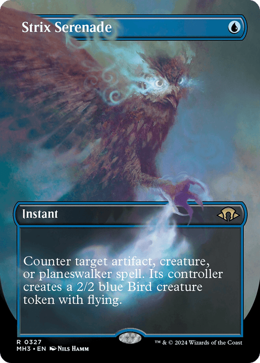 Strix Serenade (Borderless) [Modern Horizons 3]" is a Rare card from Modern Horizons 3 in Magic: The Gathering. This ethereal, blue Instant features a bird with glowing eyes and swirling magical energy. It allows you to counter an artifact, creature, or planeswalker spell and creates a 2/2 blue Bird creature token with flying.