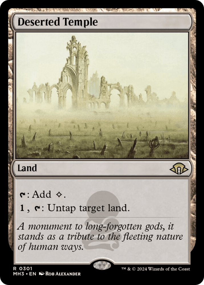 Magic: The Gathering card titled "Deserted Temple [Modern Horizons 3]." This Rare Land from Magic: The Gathering taps to add colorless mana or untaps a target land. Its flavor text reads, "A monument to long-forgotten gods, it stands as a tribute to the fleeting nature of human ways." Artwork by Rob Alexander showcases desolate temple ruins with skeletal remains.