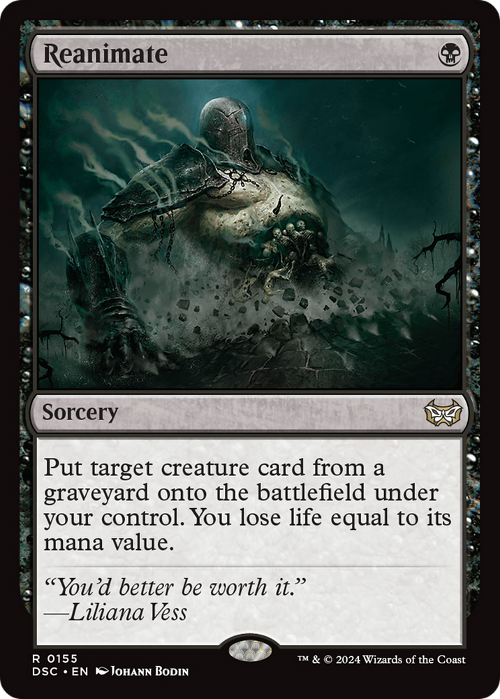 Description: A Magic: The Gathering card titled "Reanimate [Duskmourn: House of Horror Commander]," this Sorcery features art of a dark, eerie scene with a reborn skeletal figure emerging from a smoky green aura and ominous energy surges. The text reads, "Put target creature card from a graveyard onto the battlefield under your control. You lose life equal to its mana value." A quote at the bottom says,