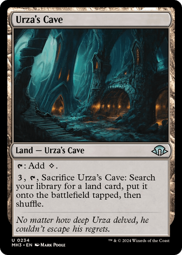 The image features a Magic: The Gathering card from Modern Horizons 3 titled "Urza's Cave [Modern Horizons 3]." It shows an eerie, dark cave with glowing blue crystals. The land card's abilities include mana generation and searching for a land card. Flavor text reads, "No matter how deep Urza delved, he couldn't escape his regrets.”