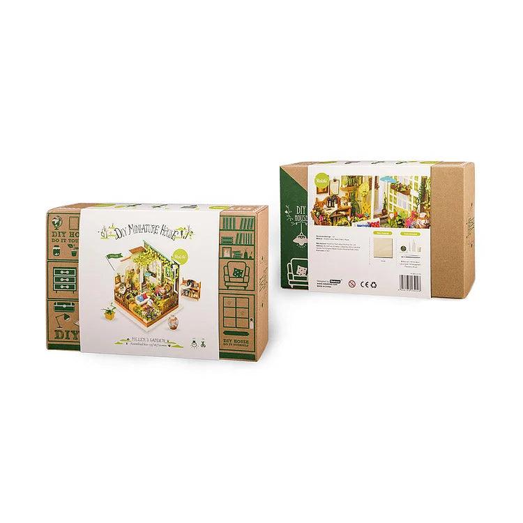 The image shows two sides of a Rolife Miller's Garden DIY Miniature House Kit packaging. The front side features a brightly colored image of a furnished miniature house with 