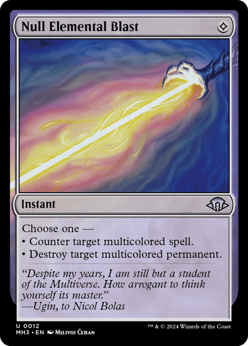 Magic: The Gathering card titled "Null Elemental Blast [Modern Horizons 3]." It displays an illustration of a glowing hand releasing a powerful, multicolored blast. The card, from Modern Horizons 3, is an instant with options to counter a multicolored spell or destroy a multicolored permanent. Features flavor text from Ugin to Nicol Bolas.