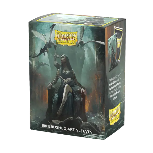 The image features a box of Arcane Tinmen's Halloween 2024 Brushed Art Sleeves, depicting a dark fantasy scene perfect for Halloween. It illustrates a seated female figure wielding a sword, enveloped by dragons in a misty setting. The box highlights "100 Standard Size Brushed Art Sleeves," ideal for safeguarding your trading cards.