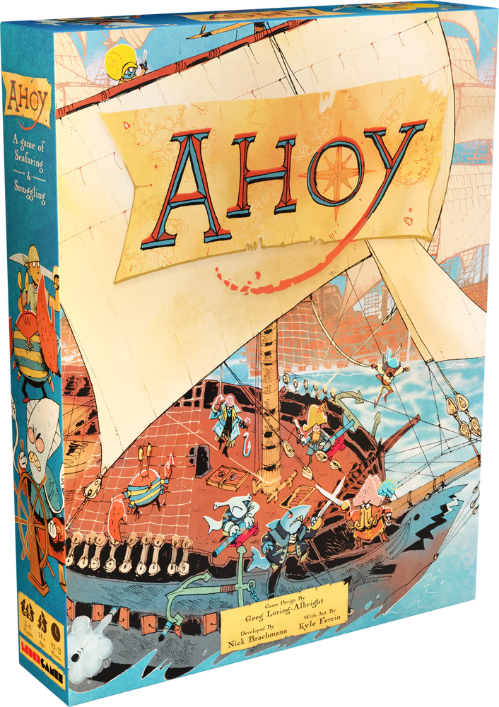 The colorful box of Leder Games' "Ahoy" showcases a pirate ship at sea, with cartoonish swashbucklers, sharks, and seagulls. Large ornate text reads "Ahoy" on a sail. The detailed art captures the whimsical and adventurous theme of this seafaring board game.