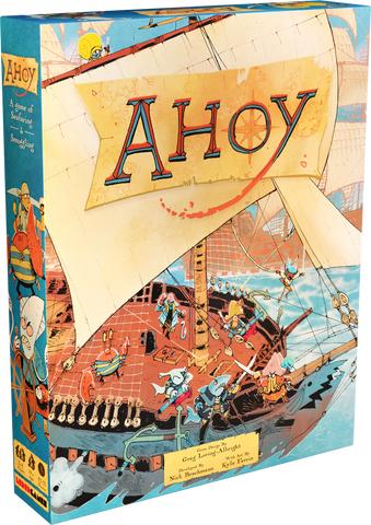 The colorful box of Leder Games' "Ahoy" showcases a pirate ship at sea, with cartoonish swashbucklers, sharks, and seagulls. Large ornate text reads "Ahoy" on a sail. The detailed art captures the whimsical and adventurous theme of this seafaring board game.