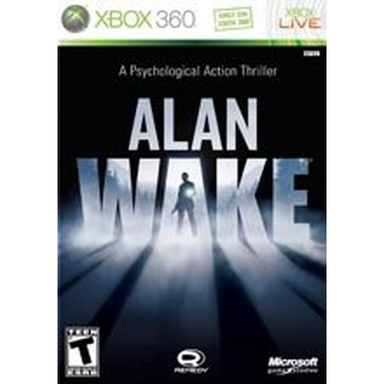 The cover of the "Alan Wake" Xbox 360 game, sold under the brand Everything Games, features the title against a misty forest backdrop. A silhouetted figure holding a flashlight adds to the psychological thriller's ambiance. The design is completed with logos for Xbox 360, Teen Rating, Remedy, and Microsoft.