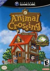 Cover of the life simulation video game "Animal Crossing" for the Nintendo GameCube. It features an illustration of a colorful house with animal characters around it. The title "Animal Crossing" is prominently displayed at the top with the tagline "Population: Growing!" The game is rated "E" for Everyone.

Product Name: Animal Crossing
Brand Name: Nintendo