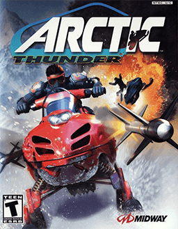 The Xbox cover for "Arctic Thunder" by Everything Games depicts a rider in red gear soaring through the air with explosions trailing behind, set against a snowy backdrop. The Midway logo is prominently displayed at the bottom.