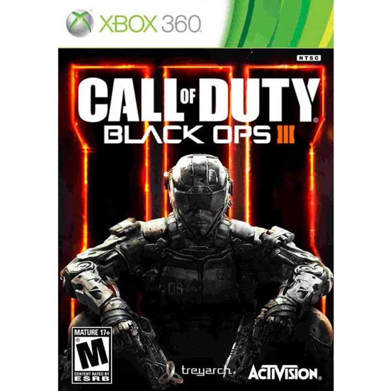 The Xbox 360 cover for Call Of Duty Black Ops 3 by Everything Games showcases a soldier in futuristic armor with a weapon across their lap, symbolizing a cutting-edge gaming experience. The backdrop displays the game's title in bold, fiery orange Roman numeral III, with logos for Treyarch and Activision at the bottom. Rated M.