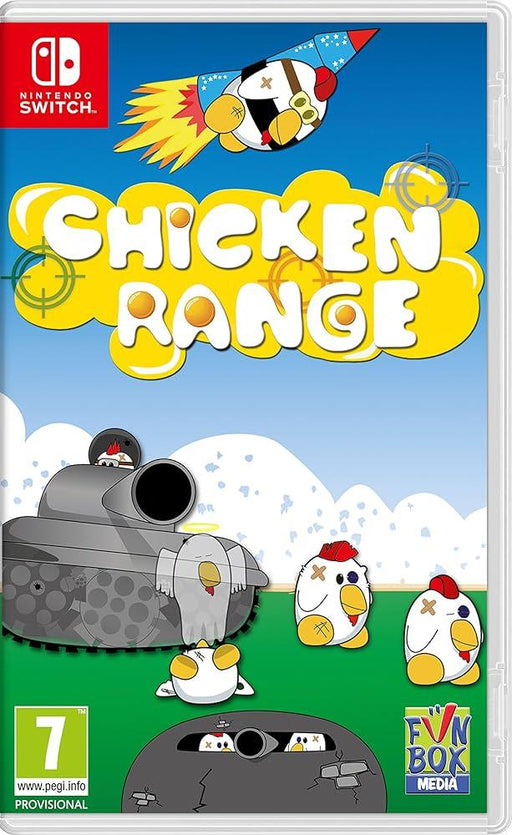 The cover art of the Fun Box Media game "Chicken Range" depicts cartoon chickens in humorous barnyard battle scenarios. A chicken rides a rocket in the sky, another drives a tank, and two others, showing distress, lie on the ground. This game promises multiplayer chaos and is rated PEGI 7.