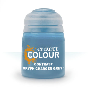 The Citadel Contrast - Gryph-Charger Grey container has a blue lid and features realistic shading that highlights its vivid base.