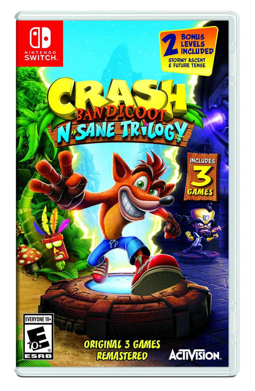 The cover of the Everything Games product "Crash Bandicoot N Sane Trilogy (Copy)" features Crash Bandicoot jumping with a thumbs-up. Text highlights "Original 3 Games Remastered" and "2 Bonus Levels Included." Rated E10+ by ESRB, this remastered collection is also available on PS4. Published by Activision.
