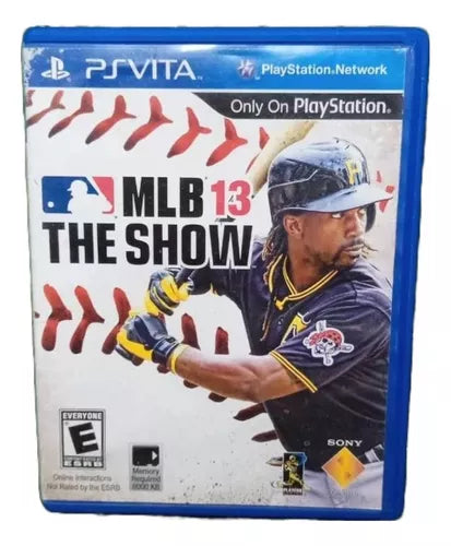 The "MLB the Show 13" cover for PS Vita features an MLB player in a batting stance, wearing a black helmet and jersey with yellow accents. The top displays the iconic Sony logo, while the "Everyone" rating appears over a baseball-themed background.