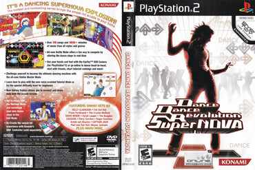 Cover art for "Dance Dance Revolution Supernova," a rhythm game from Everything Games for PlayStation 2, features a dancer's silhouette on a vibrant front, while the back presents colorful text boxes with game details, character info, screenshots, and branding elements.