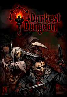 Cover art for the RPG "Darkest Dungeon" by Red Hook Studios, featuring three characters. One wears a plague doctor's mask and hood, another a red scarf, and another a hood holding a cross. The background is dark with eerie red lighting and skulls. The prominent title at the top includes an image of a torch.