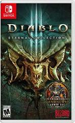 Cover of the Blizzard game "Diablo 3 Eternal Collection". The artwork features a menacing demonic face with glowing eyes and large, curving horns. Below the title, text reads "Includes Ganondorf Armor Set." Set in a dark fantasy world, the game is rated "M" for mature. Blizzard logo is at the bottom right.