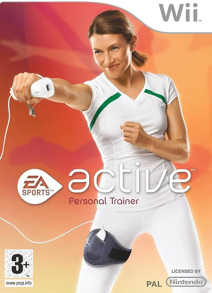 Cover of EA Sports Active: Personal Trainer for Wii by EA Sports. The image features a woman in athletic attire, holding a Wii remote to simulate exercising toward her fitness goals. She is dressed in a white outfit with green accents and wears a leg strap, set against an orange and red background. The bottom part of the cover displays the logos for PEGI 3+, PAL, and Nintendo.