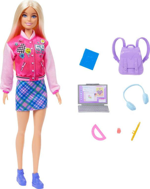 A Mattel Barbie-I Love School-Blonde Doll featuring a doll with long blonde hair, sporting a pink and red varsity jacket, a blue and purple plaid skirt, and blue sneakers. The back-to-school set includes a blue book, lavender backpack, laptop, light blue headphones, pink protractor, eraser, and yellow ruler.