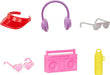 A selection of doll accessories is displayed, perfect for your Mattel Ken and Barbie Fashionista Doll 2pack 65th Anniversary collection. It includes a red visor, purple headphones, silver sunglasses, pink heart-shaped glasses, a pink boombox, and a yellow water bottle with "Barbie" written on it—ideal for celebrating Barbie's 65th anniversary.