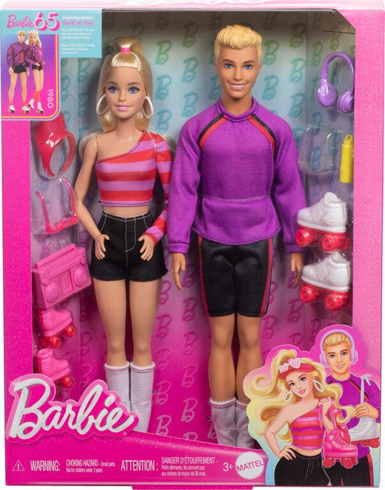 The Ken and Barbie Fashionista Doll 2pack 65th Anniversary by Mattel celebrates their 65th anniversary dressed in athletic wear inside a pink-bordered box with the Barbie logo. Barbie sports a striped top, black shorts, pink shoes, purple headphones, and a pink bag. Ken rocks a purple jacket, black shorts, silver boots, and white-pink roller skates beside them.