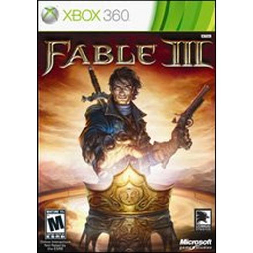 Cover art for the action role-playing game "Fable 3" on Everything Games. It features a man holding a gun and a glowing sword, standing behind a golden crown. The background depicts a dramatic sunset. The game is rated M for Mature by the ESRB. The Microsoft and Lionhead Studios logos are at the bottom right.