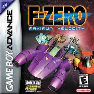 The "F-Zero Maximum Velocity" cover art on Game Boy Advance, from Everything Games, features futuristic racing machines with a purple craft leading three others. The title is prominent at the top with the "E" rating and Nintendo and Game Pak connectivity logos below.