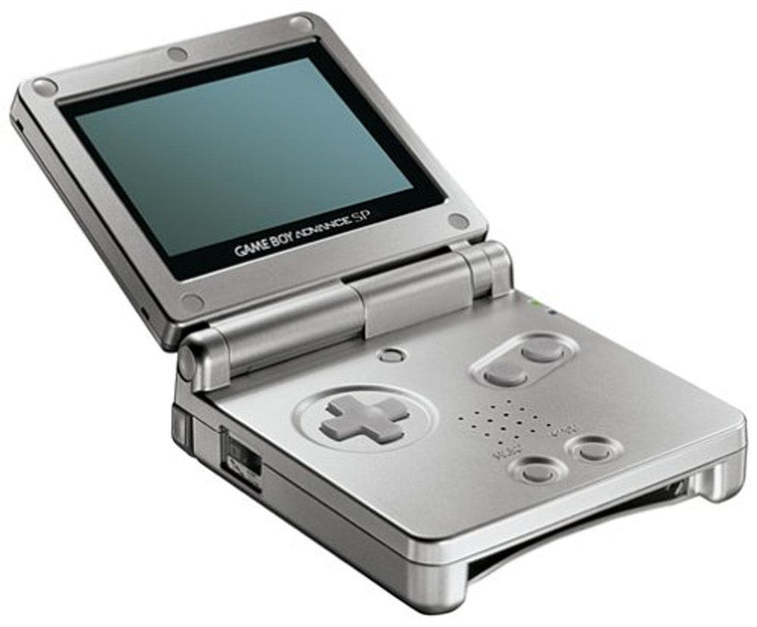 A silver Nintendo Gameboy Advance SP handheld gaming console is shown open. It has a flip-up, backlit screen, a directional pad, A and B buttons, and two small speaker holes on the right side of the lower half. The device features a sleek, metallic design with a rectangular silhouette.