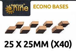 The image features the GaleForce Nine: Econo Bases Square 25x25mm packaging, containing 40 laser cut MDF square bases perfectly arranged. The Gale Force Nine logo is prominently displayed in the top left corner next to 