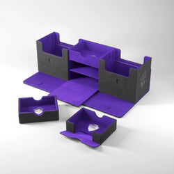 The image showcases THE ACADEMIC 266+ XL - BLACK & PURPLE by GameGenic, a premium modular storage organizer ideal for card game accessories. It features multiple compartments and trays, branded insignia on the sides, removable trays, and foldable flaps designed for organizing small items. The organizer is shown both opened and disassembled.