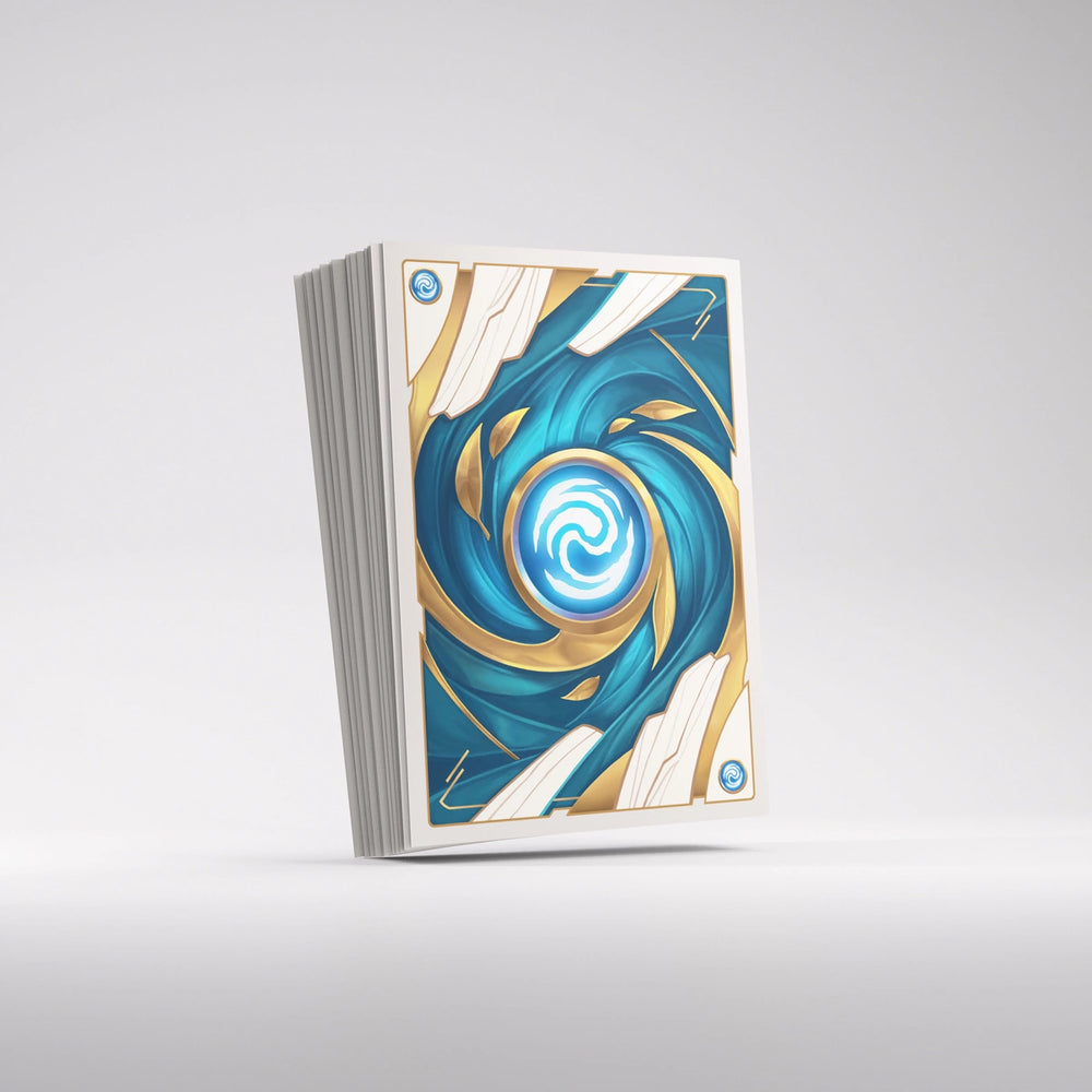 A stack of GameGenic's ART SLEEVES - SIGISMAR is displayed, adorned with intricate blue and gold wave patterns encircling a glowing core. These standard-sized fantasy-themed sleeves are perfect for gaming card protection or Altered Art and rest neatly on a plain light gray background.