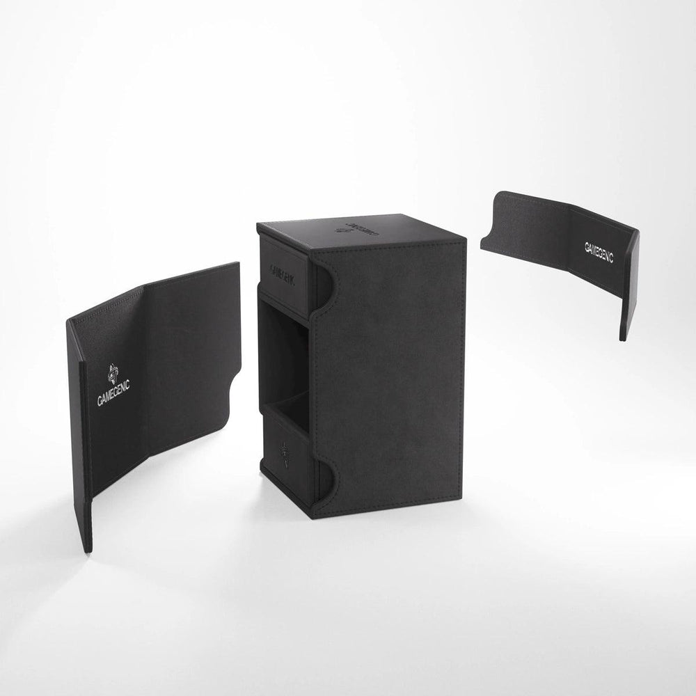 The GameGenic Watchtower 100+ XL by Everything Games is a black rectangular box with its front panel open, revealing an interior for double-sleeved cards. Its extra-large design features detachable side panels showcasing the "CALEBEXC" logo against a white background, emphasizing its sleek modern style.