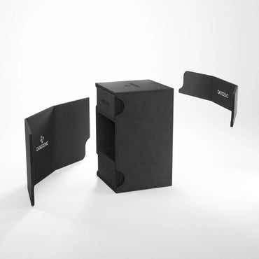 The GameGenic Watchtower 100+ XL by Everything Games is a black rectangular box with its front panel open, revealing an interior for double-sleeved cards. Its extra-large design features detachable side panels showcasing the "CALEBEXC" logo against a white background, emphasizing its sleek modern style.