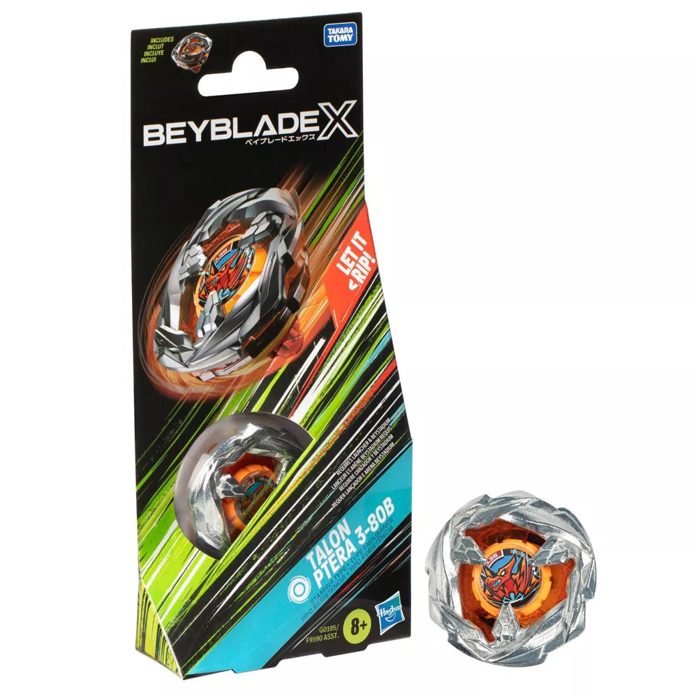 Packaging of a Beyblade Talon Ptera Stamina Battle Top by Hasbro. The box features the Beyblade and launcher with dynamic green and black graphics. The main Beyblade with its advanced gear system is showcased prominently on the front, alongside the title "Beyblade." Suitable for ages 8 and up.