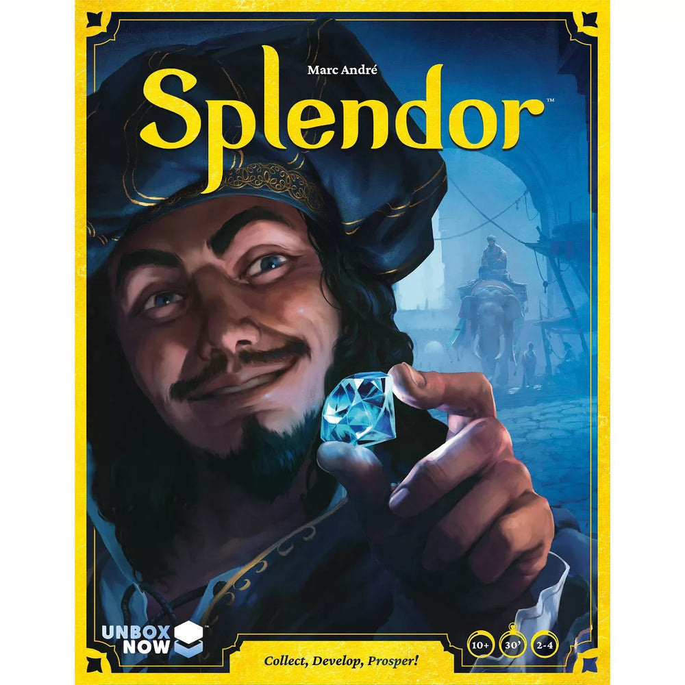 The cover of "Splendor" by Unbox Now features a man in Renaissance attire holding a sparkling blue gem, with background silhouettes on a cobblestone street. The title 'Splendor' is at the top, highlighting this strategy game about the jewelry business.