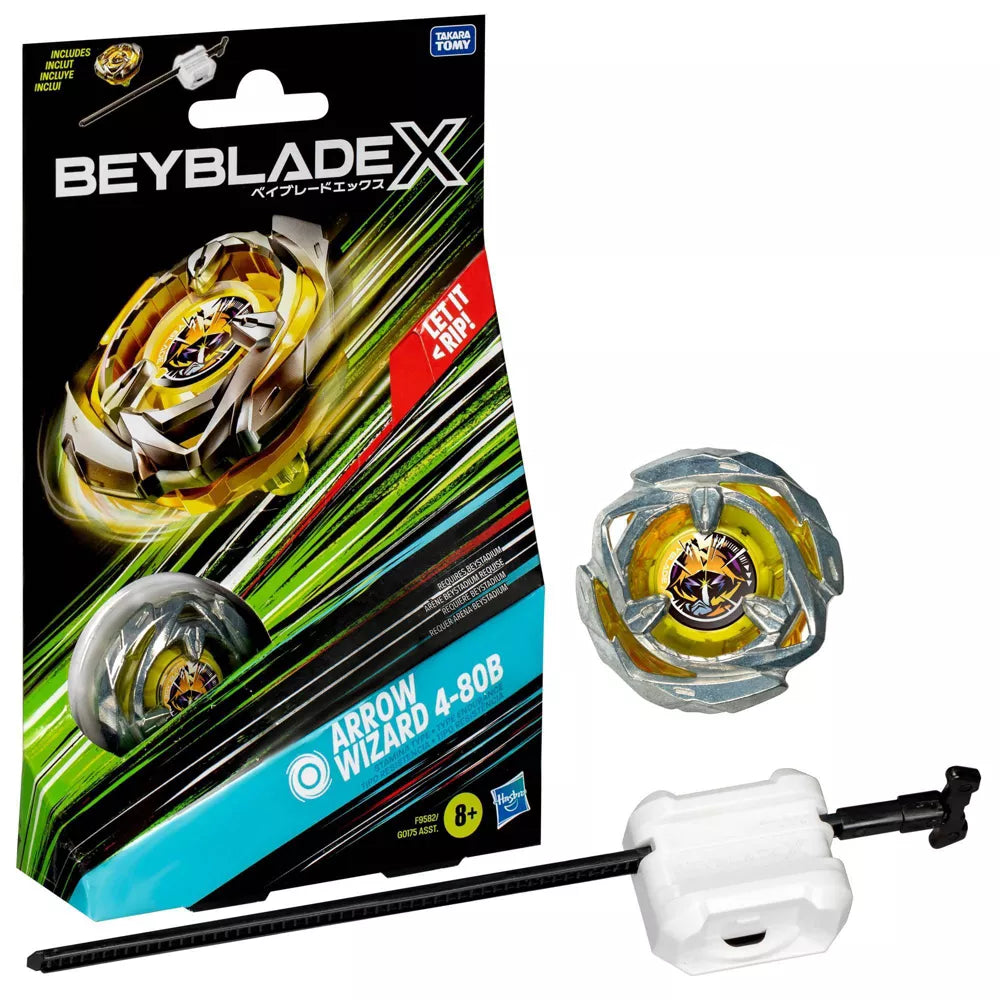 The Beyblade Arrow Wizard Stamina Battle Top Starter Pack features the Arrow Wizard 4-80B. The image showcases the packaging, including the actual Beyblade and a launcher with X-Celerator Gear System. The package states 