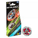 The image shows a Beyblade toy called the "Beyblade Steel Samurai Balance Battle Top" in its packaging and outside of it. The vibrant red and orange packaging features graphics highlighting the X-Celerator Gear System. The silver and red Beyblade, produced by Hasbro, is suitable for ages 8 and up.