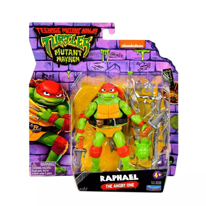 The image showcases a Playmates Toys Teenage Mutant Ninja Turtles: Mutant Mayhem Raphael Action Figure in a clear plastic display within the vibrant Mutant Mayhem package. Labeled "The Angry One," it includes accessories like weapons and a skate, set against colorful graphics and the Nickelodeon logo.