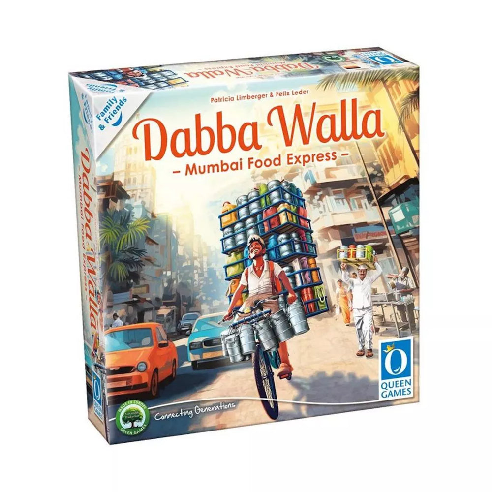 The Queen Games board game "Dabba Walla" features a box illustration of a bustling Mumbai street, with vibrant cars, buildings, and a bicycle courier skillfully transporting multiple dabbas through the lively cityscape.