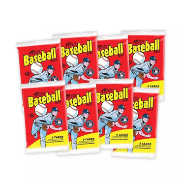 Displayed in two rows are eight packs of the "2024 Topps MLB Heritage Baseball Trading Cards Value Box" by Everything Games. Each red and yellow pack features an illustration of a baseball player pitching, accompanied by a large baseball and the text "Baseball Heritage 2024." Designed in a style reminiscent of the classic 1975 Topps, these packs contain nine cards each.