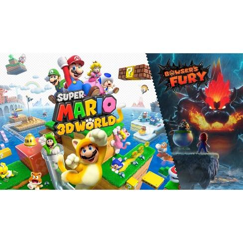 Promotional image for "Super Mario 3D World + Bowser's Fury" on Everything Games. Left side features Mario characters on vibrant platforms, showcasing Mario in a cat suit. Right side displays a dramatic scene with gigantic dark Bowser against a glowing background and two characters standing on a rock.