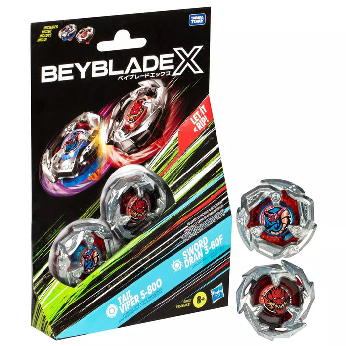 The Hasbro Beyblade Tail Viper Stamina and Sword Dran Attack Battle Tops Dual Pack features two dynamic tops, Tail Viper 5-800 and Sword Dran 6-0F, along with a high-performance launcher. The tops, in striking red and silver designs, are showcased outside the package. Labeled for ages 8+, it boasts colorful graphics and text in both English and Japanese.