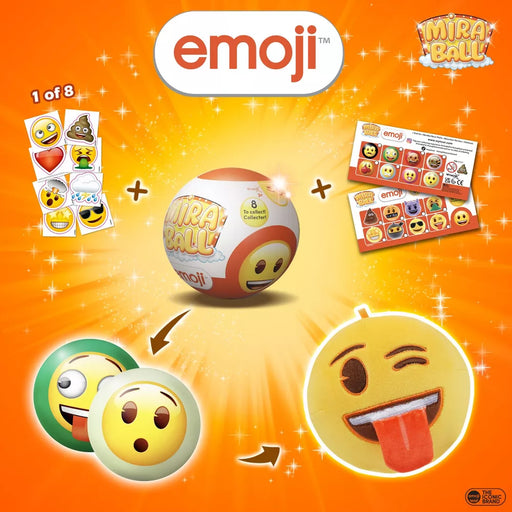 The lively promotional image for "Miraball: Emoji" by Wyncor features a collectible toy prominently in the center, adorned with playful emoji branding. Surrounding it are fun emoji faces on stickers, with the slogan "1 of 8" emphasizing their collectability. A bright orange, sparkling backdrop adds to the scene's excitement and appeal.