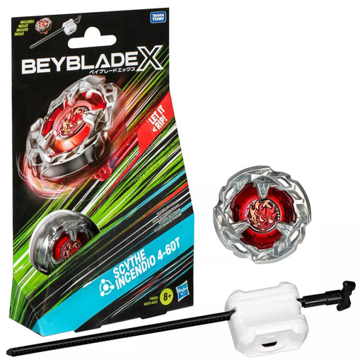 A Beyblade Scythe Incendio Balance Battle Top from Hasbro comes with the innovative X-Celerator Gear System. The set includes a red and silver top alongside its black and white launcher. The packaging features a vibrant green and black spinning top image, making it eye-catching for kids aged 8 and up.