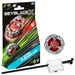 A Beyblade Scythe Incendio Balance Battle Top from Hasbro comes with the innovative X-Celerator Gear System. The set includes a red and silver top alongside its black and white launcher. The packaging features a vibrant green and black spinning top image, making it eye-catching for kids aged 8 and up.