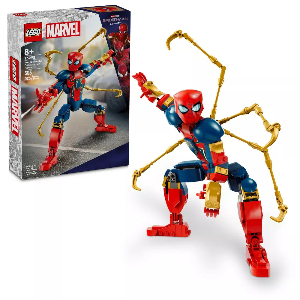 The LEGO Marvel Iron Spider-Man Construction Figure by Lego features dynamic golden mechanical limbs, iconic red and blue with spider web details. The box displays the assembled figure and includes 303 pieces, recommended for ages 8+.