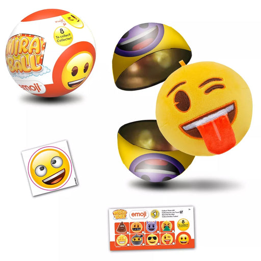 The Miraball: Emoji collectible toy by Wyncor includes capsules containing plush charms with an emoji theme. The image depicts an open capsule revealing a plush emoji winking with its tongue out, and below it, the packaging displays the various emoji faces included in this enchanting collection.