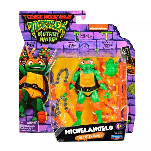 Image of a Teenage Mutant Ninja Turtles: Mutant Mayhem Michelangelo Action Figure by Playmates Toys. The packaging features colorful graphics and the text "Michelangelo The Entertainer." The Michelangelo figure is of a green turtle wearing an orange mask and belt, holding nunchucks. Includes additional weapons and hands. Suitable for ages 4+.