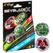 A package of Beyblade Chain Incendio Balance and Arrow Wizard Defense Battle Tops by Hasbro, showcasing two beyblades: Chain Incendio 5-60HT and Arrow Wizard 4-60N. The black background with vibrant colors and illustrations highlights their detailed designs. Featuring the X-Celerator Gear System, it's suitable for ages 8 and up.